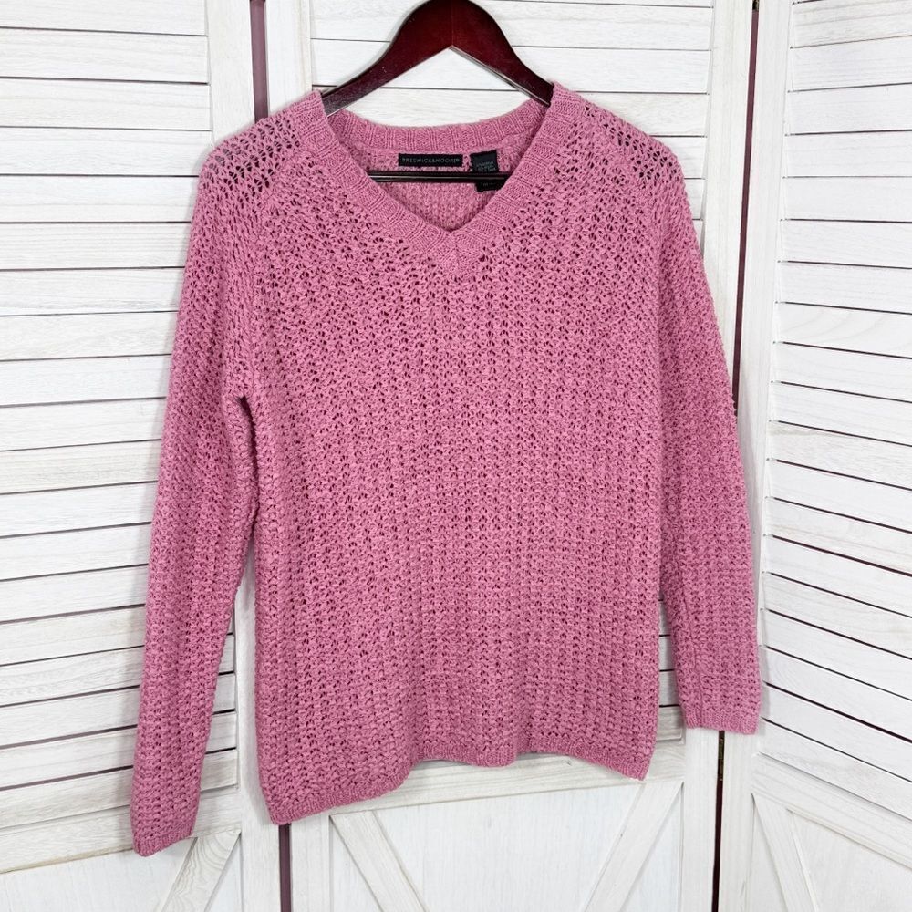 Preswick & Moore Loose Weave V-neck Sweater‎ Rose Pink Small - Picture 8 of 13